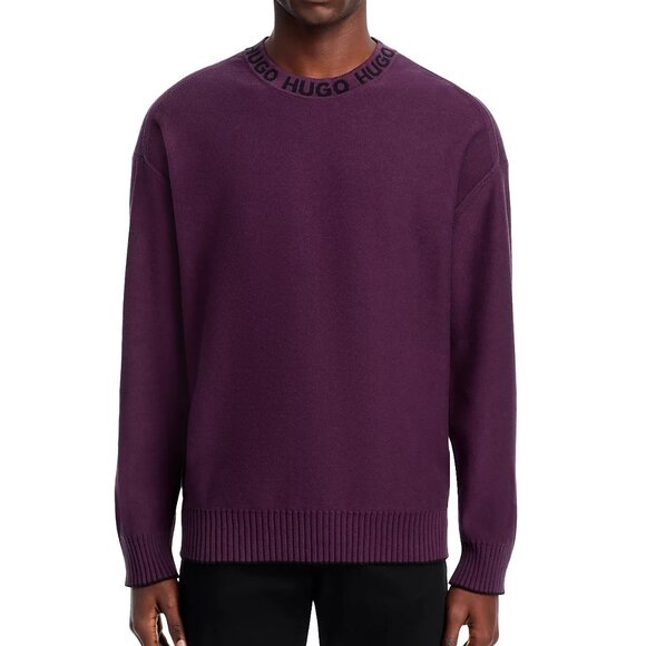 Hugo Boss Men's HUGO Smarlo Logo Oversized Cotton Knit Crewneck Sweater Purple - Picture 5 of 7